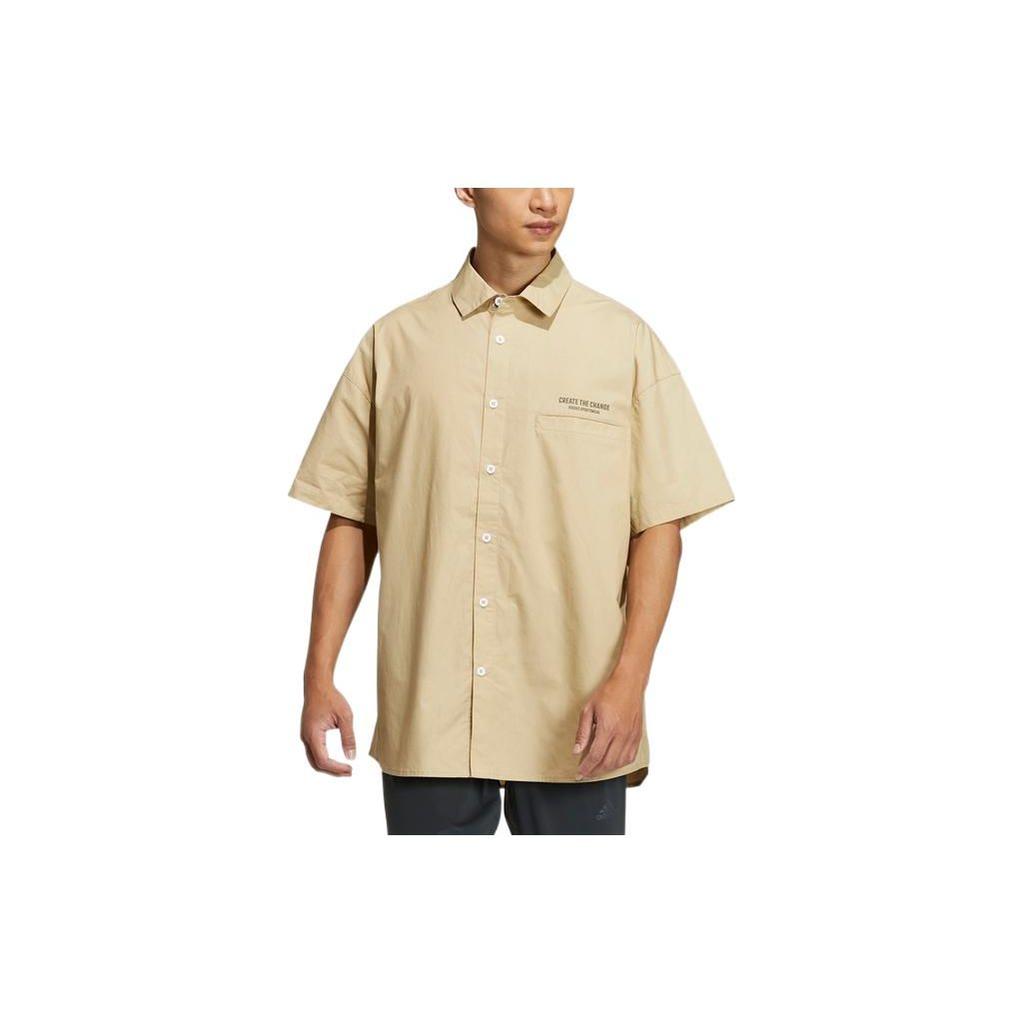 Adidas Letter Print Single-Breasted Short Sleeve Shirt Men Tops Khaki HZ7032