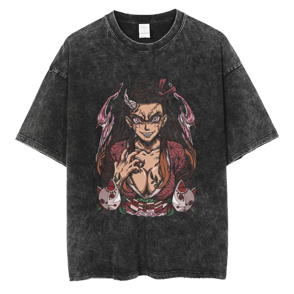 Anime Demon Slayer Tanjirou Nezuko Zenitsu Inosuke Cute Graphic Tshirt Men Women Washed Cotton T-shirts Harajuku Male Manga Tops