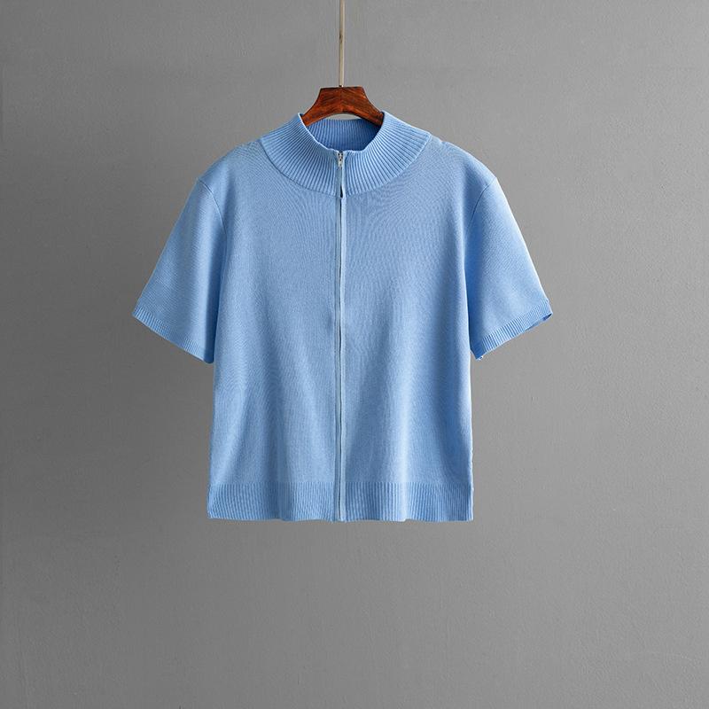 Women's Fashion Semi High Neck Solid Color Short Sleeved Zipper Set Wide Leg Pants Two Piece Set