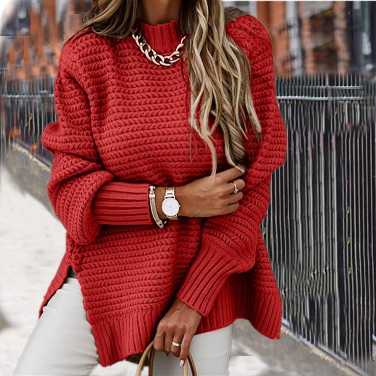 Ensfarvet lanterneermet strikket damegenser halv høy krage side splitt genser topper europeisk og amerikansk dame løse gensere