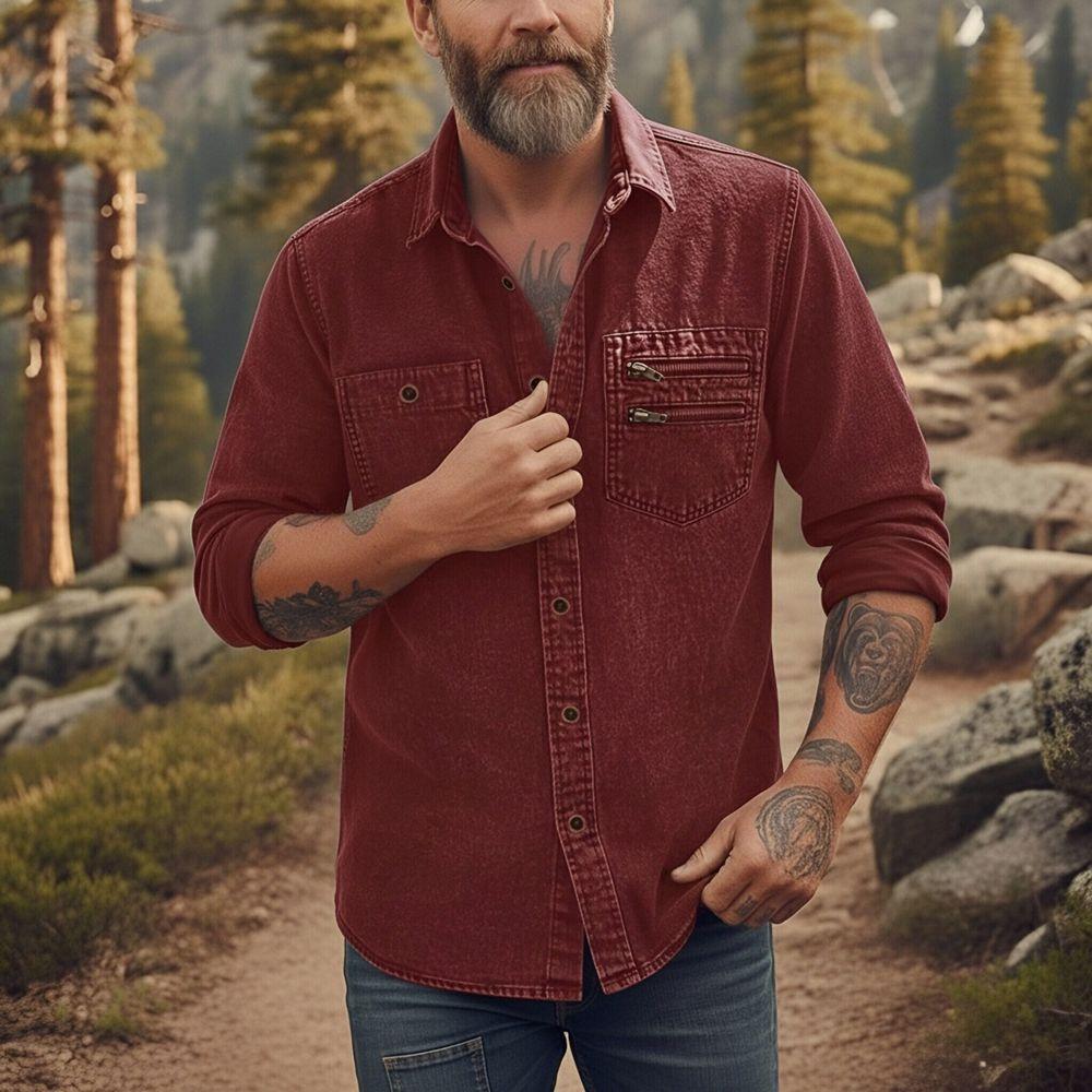 Men's Casual Workwear Denim Shirt Solid Color Washed Button Up Long Sleeve Shirt with Dual Chest Pockets