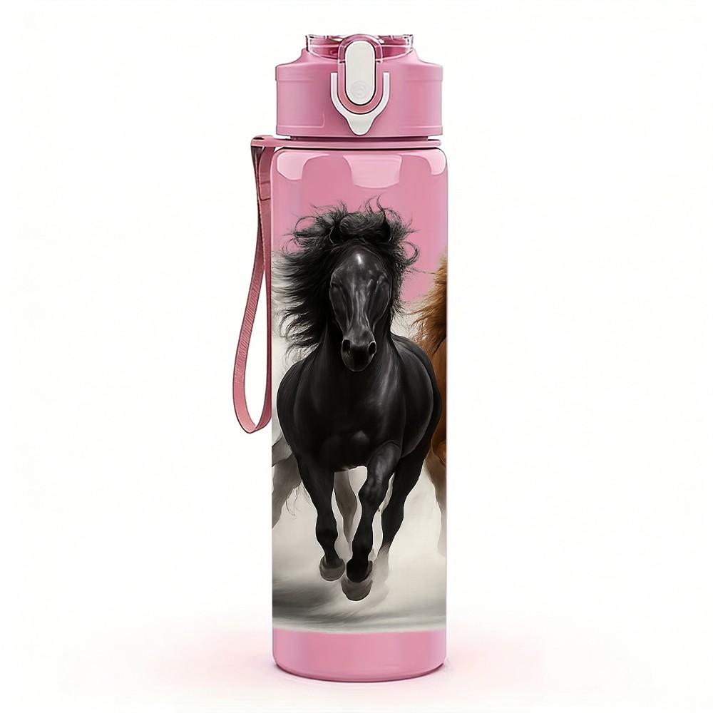 1PC Multiple Horses Running Scene Print 750ml Color Plastic Sports Water Bottle Leakproof Flip Straw Lid Suitable for Sports Office Home Use