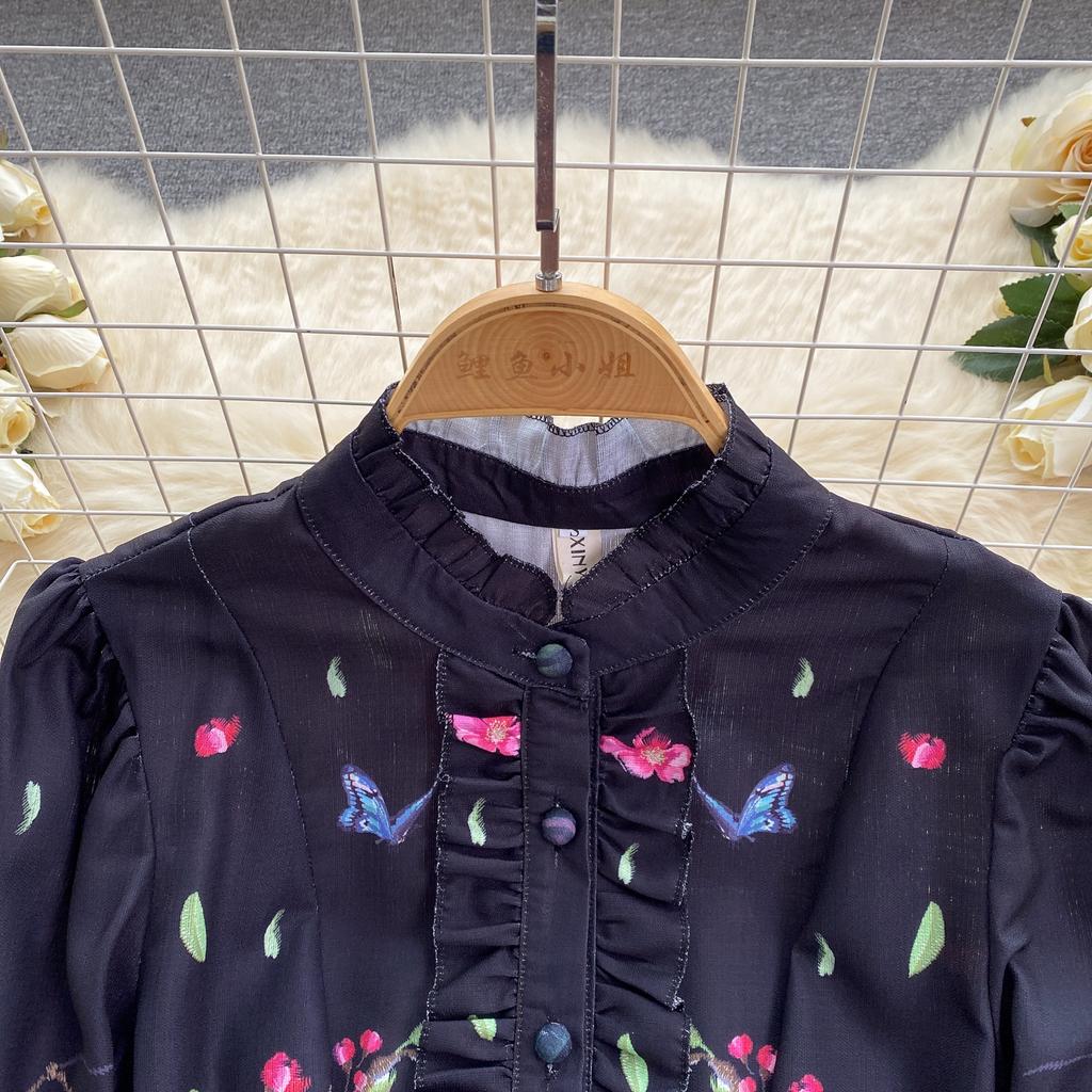 French Chic Retro Vestidos Female Long Sleeve Printed A-line Bodycon Dress Spring Lace-up Pleated Dresses Button Dropshipping