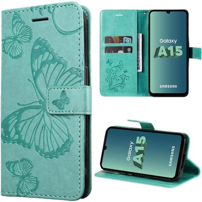 Coque pour Samsung Galaxy A15 4G-5G en Cuir Synthétique de Motif Papillon Antichoc - Vert - BOOLING