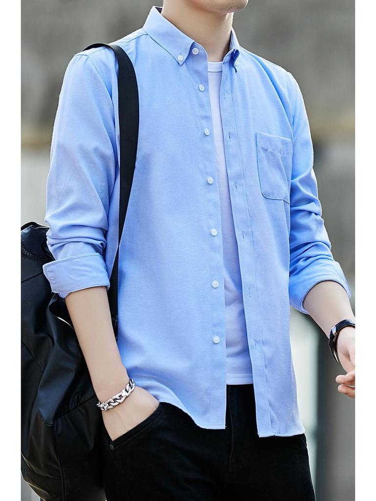 Cămașă Oxford cu mânecă lungă pentru bărbați, croială slim fit - Albastru uni, Negru sau Alb, stil coreean