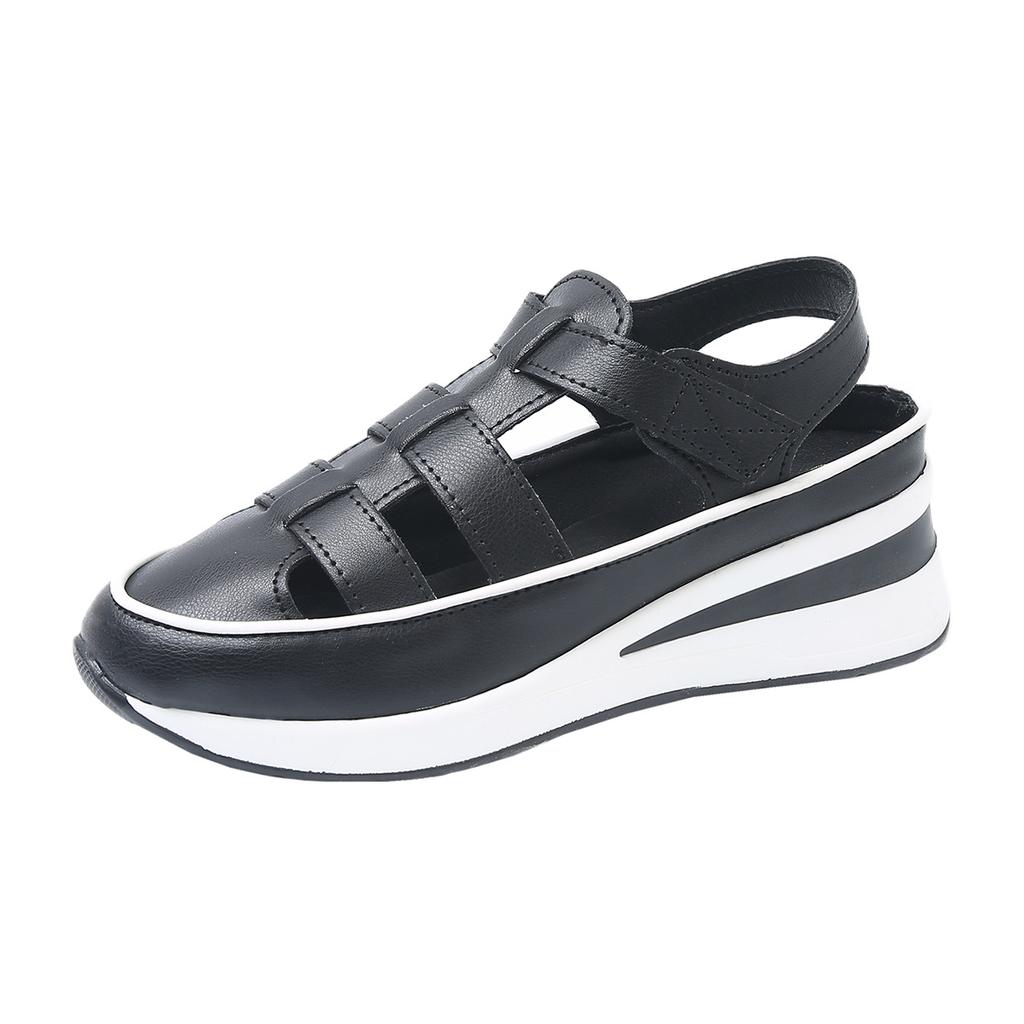  Slope Heel Platform Sandals Large Size Hollow Breathable Solid Color Casual Versatile Sandals Velcro  Shoes