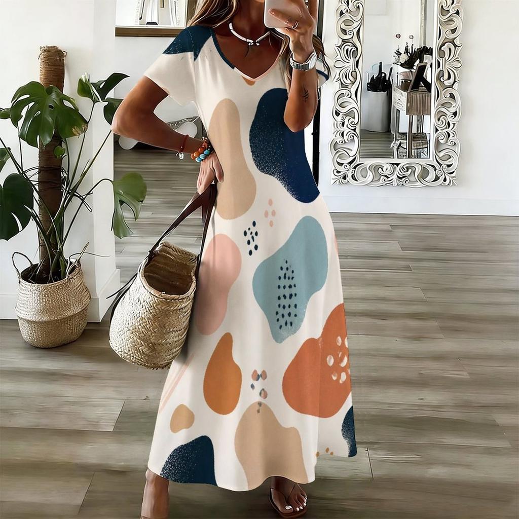 Women Plus Size V Neck Short Sleeve Abstract Printed Straight Maxi Dress