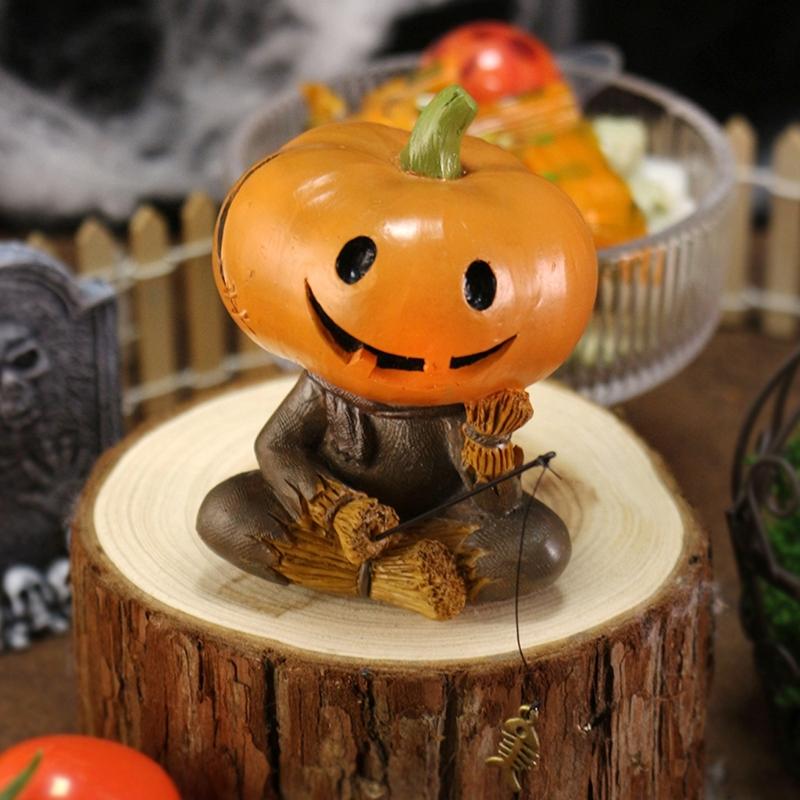 Pumpkin Scarecrow Statue With Fishing Accent  Fishing Figure Miniature Resin Art For  Indoor Festive Display