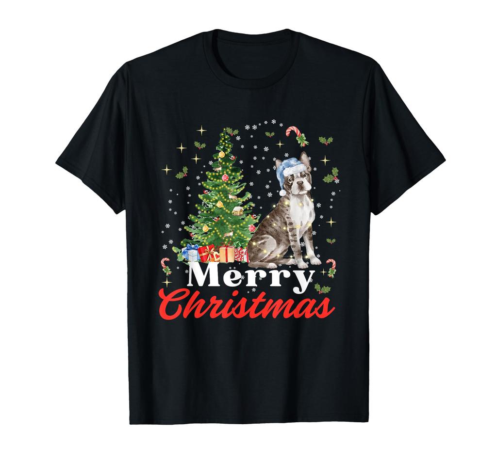 Boston Terrier Santa Hat Vintage Merry Christmas Dog Lover T-Shirt