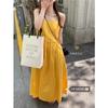 Large Size Yellow Pleated Simple Suspender Dress Light Luxury High-end Female Summer Long Dress Loose Vacation Style Fairy Dress