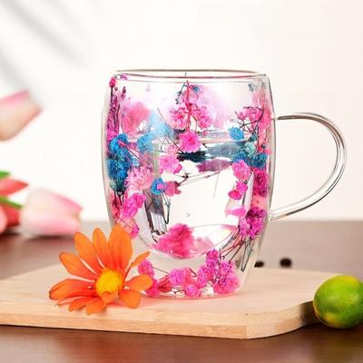 350ml Double Wall Clear Glass Cup with Handle Dried Flower Decorated Coffee Milk Mug Double Insulated Glass Cup for Hot Cold