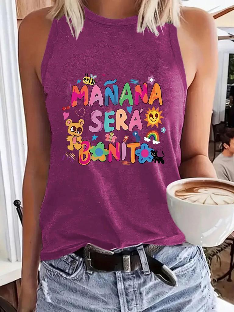 Colorful Letter Print Round Neck Sleeveless Vest - Spring/Summer Casual Top for Women