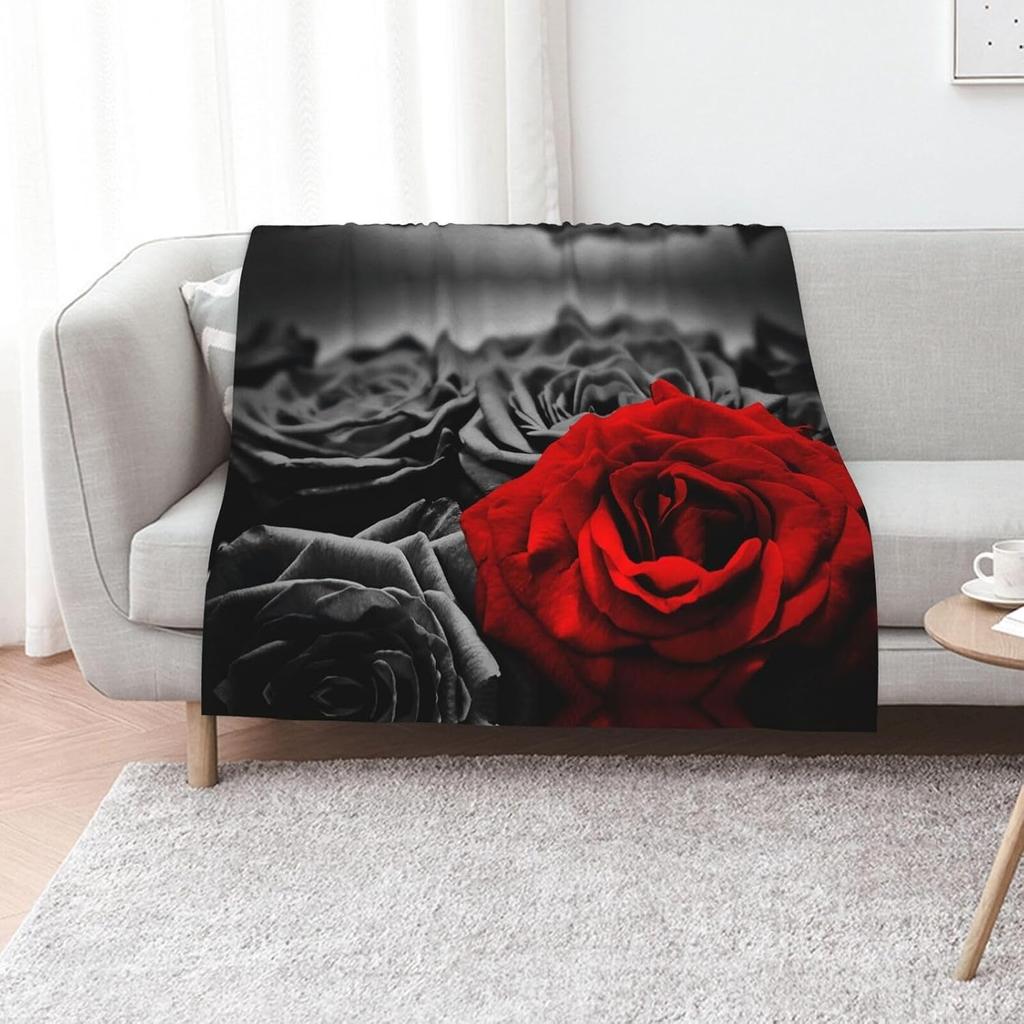 Black White with Red Rose Floral Flannel Throw Blanket Soft Romantic Flower Blanket for Sofa Bedroom Valentine Decor