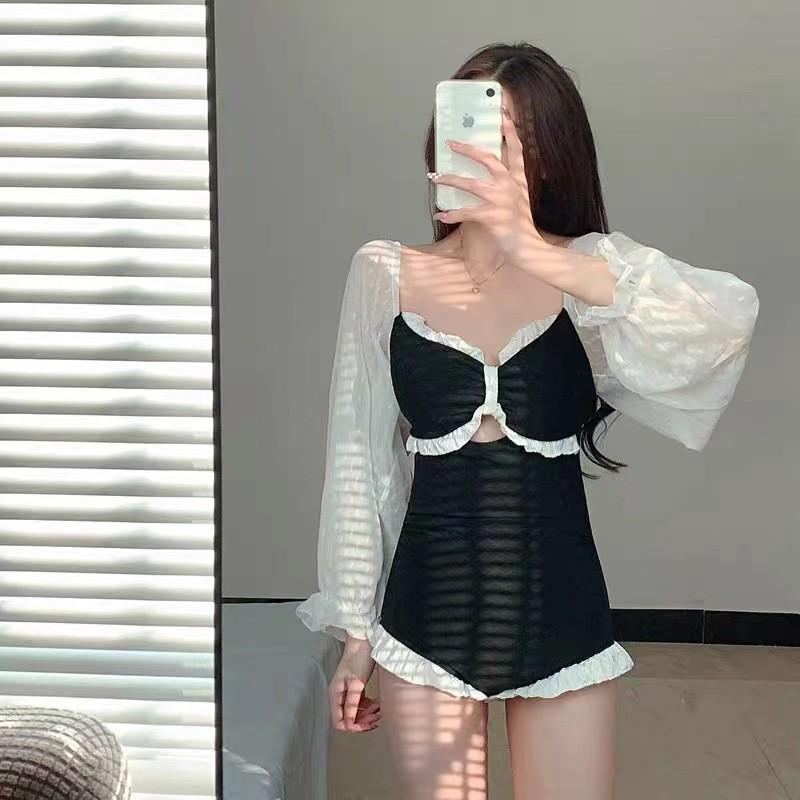 Korean Long-Sleeve One-Piece Swimsuit for Women - Stylish, Sun-Protective, Gathered, Super Fairy Design for Small Chest