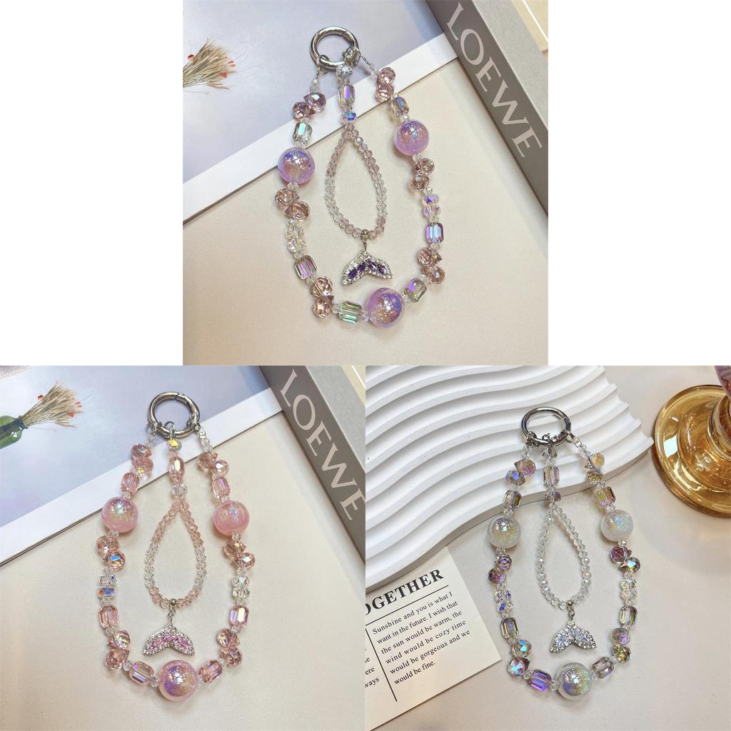Dream Crystal Round Bead Dual Chain Fish Tail Phone Lanyard For Women And Men
