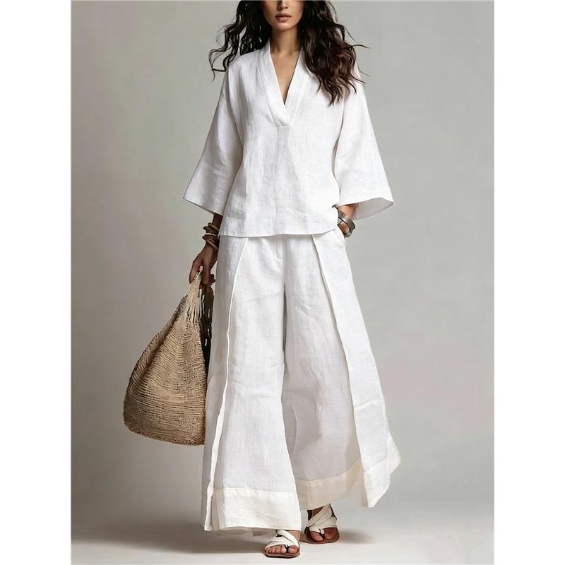 Ensemble 2 pièces pour femme en coton et lin, col en V, manches 3/4, haut ample, bloc de couleurs, pantalon large, tenue d'été décontractée XXXL blanc
