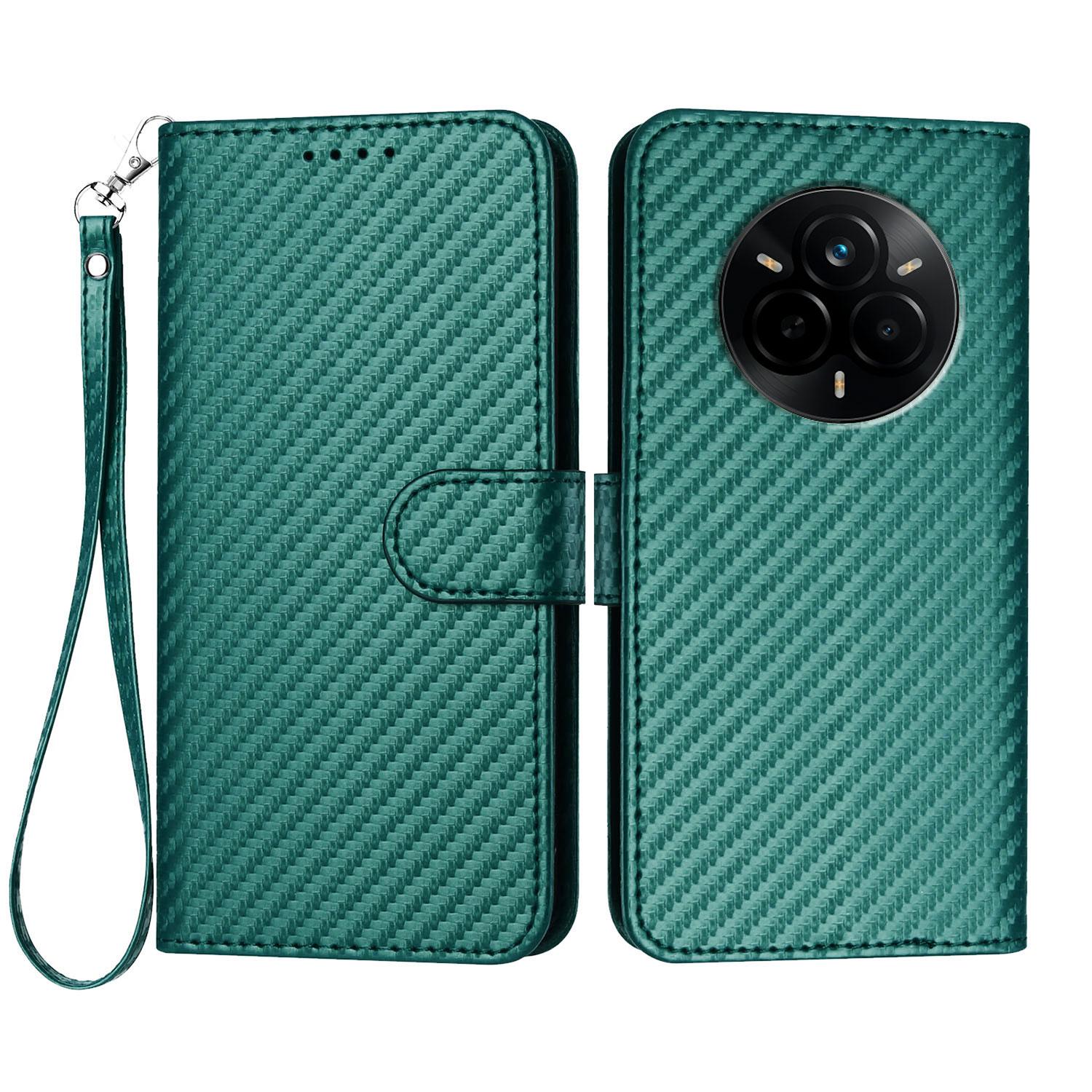 

For Realme 14 Pro 5G Wallet Case with Strap Carbon Fiber Texture Leather Mobile Cover Blackish Green