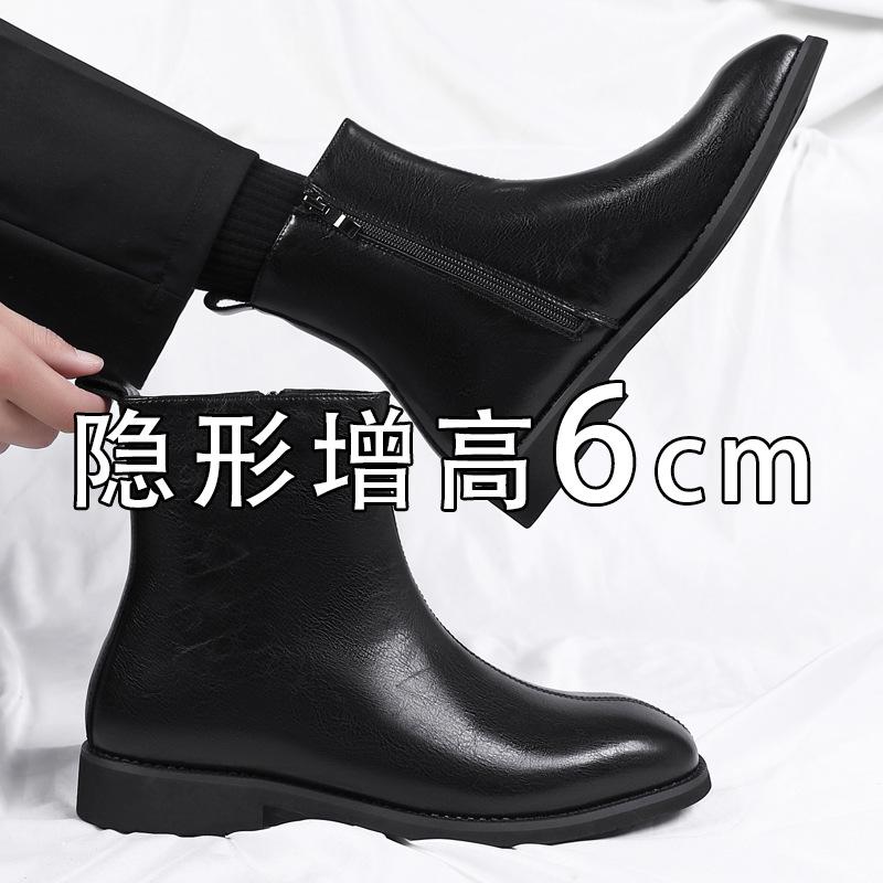 Chelsea boots men's winter velvet zipper British leather shoes men's high-top black inner height-increasing Martin boots men's