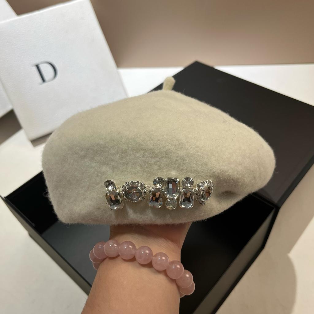 Japanese Irregular Wool Beret Light Luxury Rhinestone Three-Dimensional Bud Hat Temperament Painter Hat