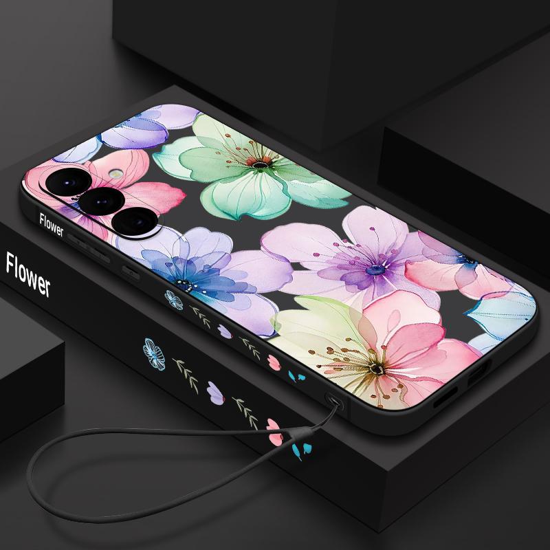 Retro Flower Pattern Phone Case for Samsung Galaxy A57 A17 A56 A16 A55 A15 A36 S25 FE S26 S24 S23 S22 Ultra Soft Lanyard Cover