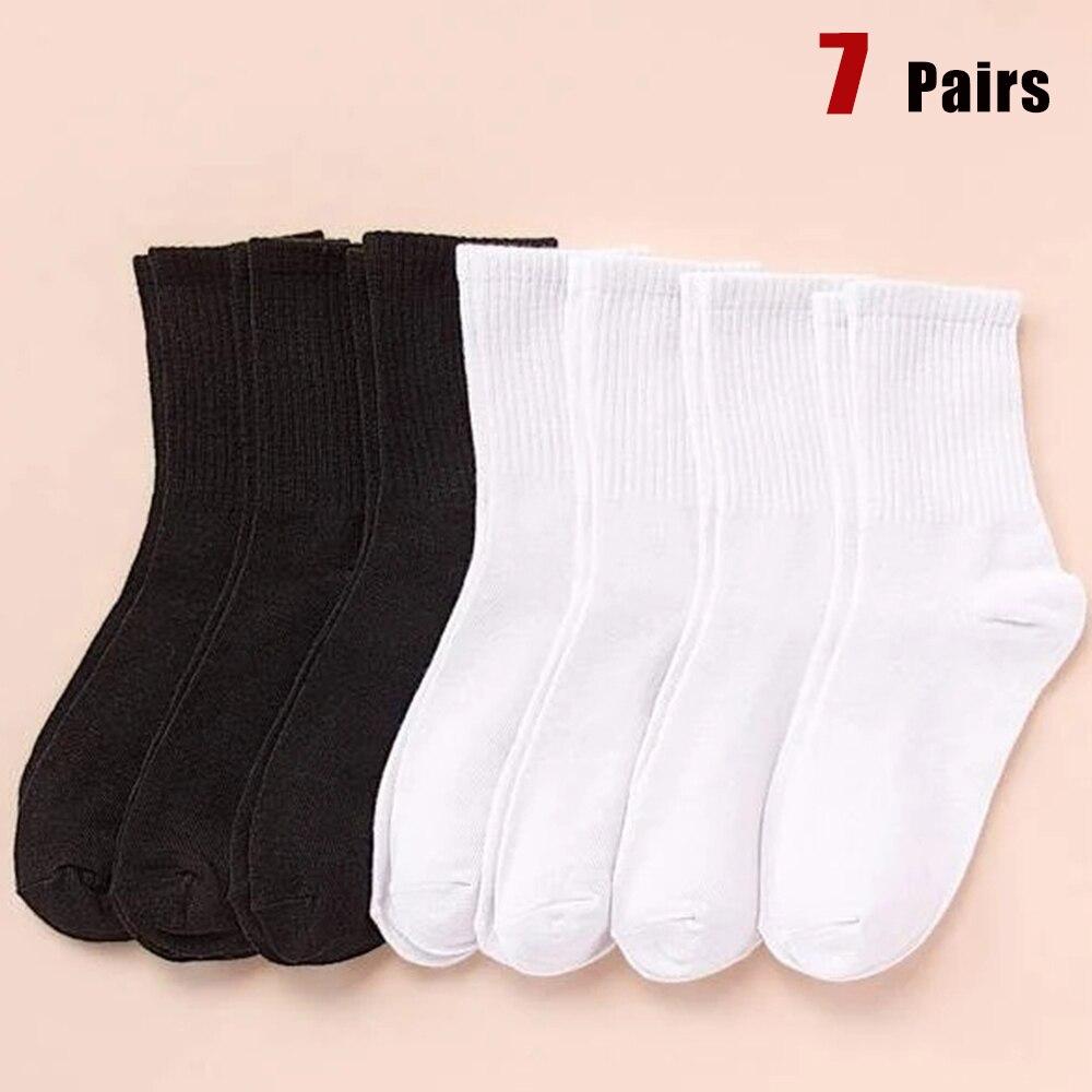7/10 Pairs Mid Length Socks Women Classic Black White Solid Color Fashionable Casual Sports Sweat Absorbing Breathable Men Socks