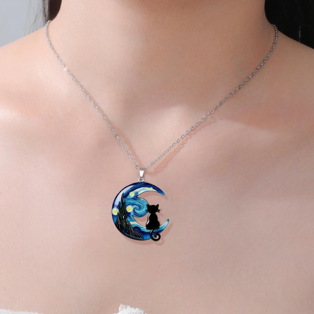 Van Gogh The Starry Night Necklace Star Moon and Black Cat Necklace Asymmetric Night Sky Necklaces For Women Birthday Jewelry