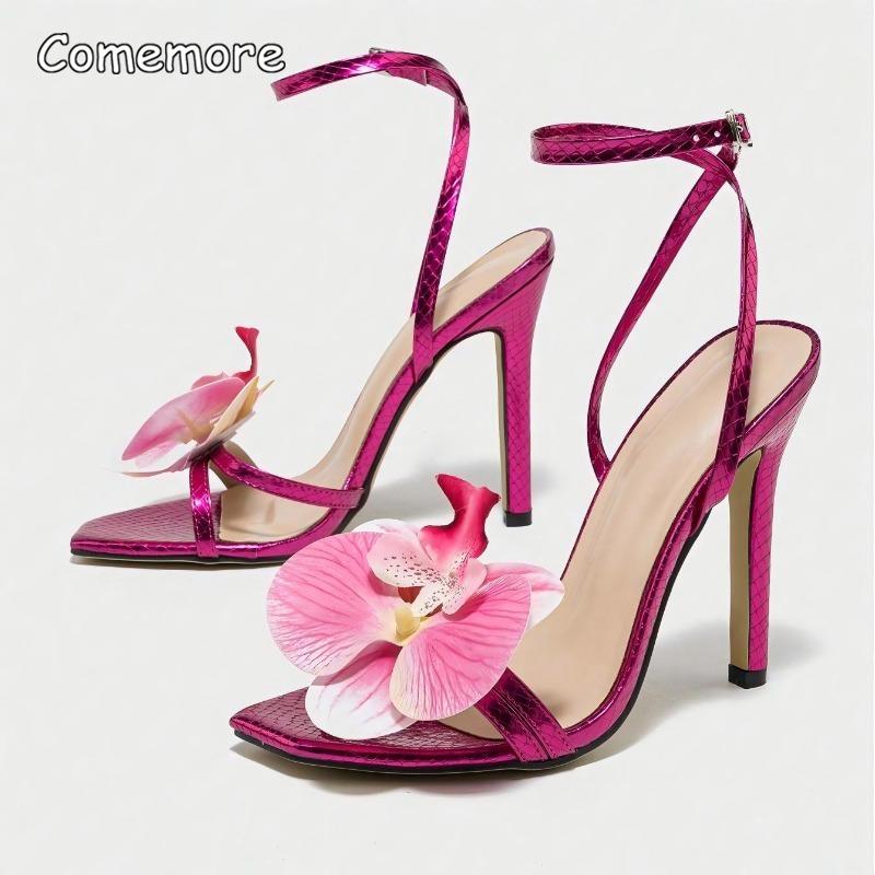 Women's Floral Heels Cross Ankle Strap Square Toe Stiletto Heeled Sandals Ladies Party Dress Shoes Zapatos De Mujer Blue Size 35