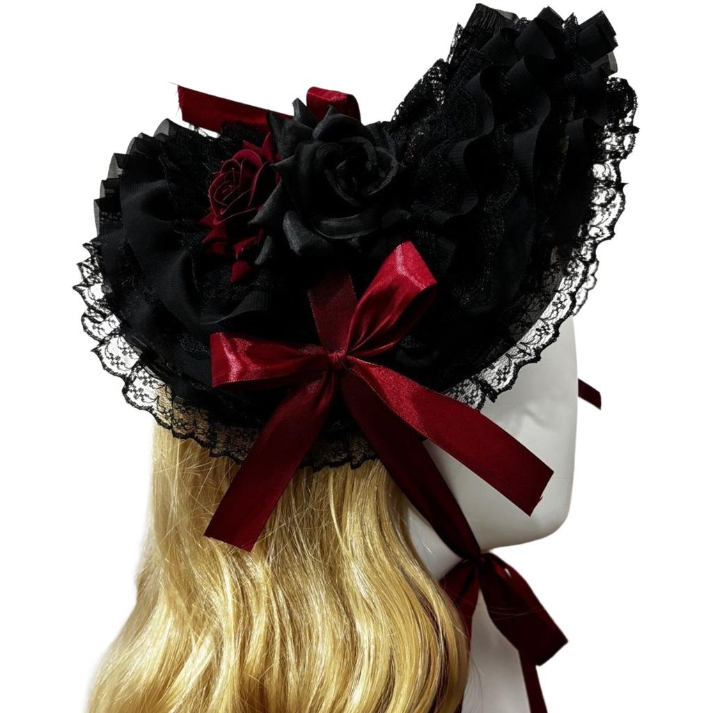 Victorian Lace Straw Bonnet Hat Dark Series Hat With Adjustable Tie and Ribbon Bowknot For Women Anime Theme Event Wear
