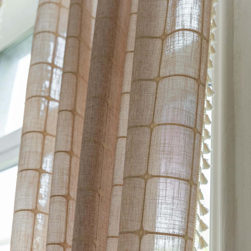 Curtain Finished Grey Plaid Embroidered Farmhouse Decorative Blackout Half Curtain Bohemian Curtain