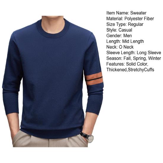 Men Fall Winter Sweater with Stretchy Cuffs And Hem Round Neck Thickened Keep Warm Solid Color Long Sleeves Mid Length Top
