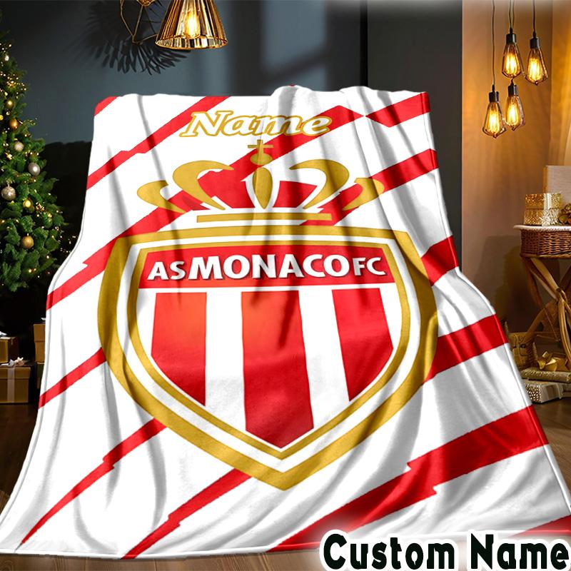 Custom Name Monaco Football Crest Throws Blanket Flannel Blankets for Couch Bed Gifts for Men Women Picnic blanket Christmas fan gifts