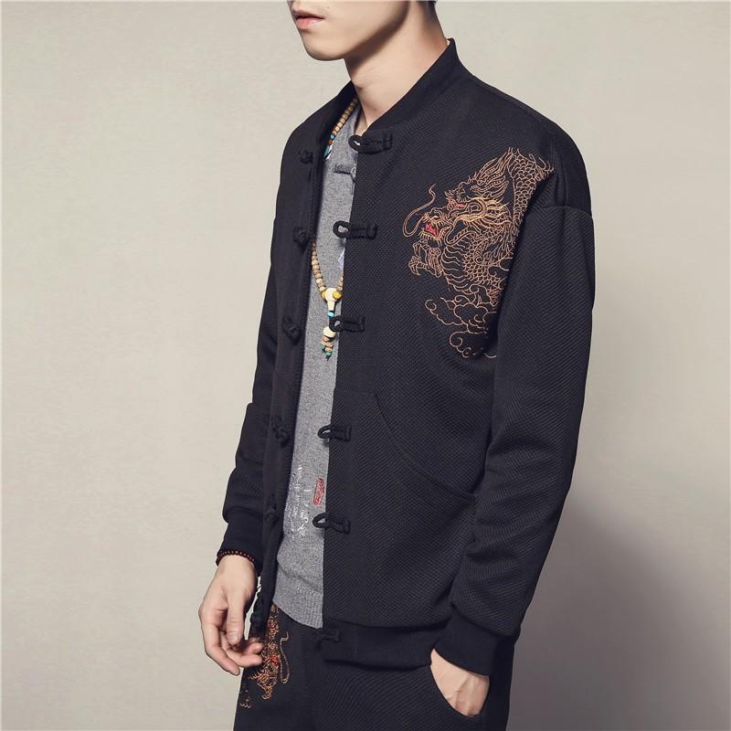 Mens Dragon Embroidery Stand Collar Jacket Plus Size Casual Outerwear Youth