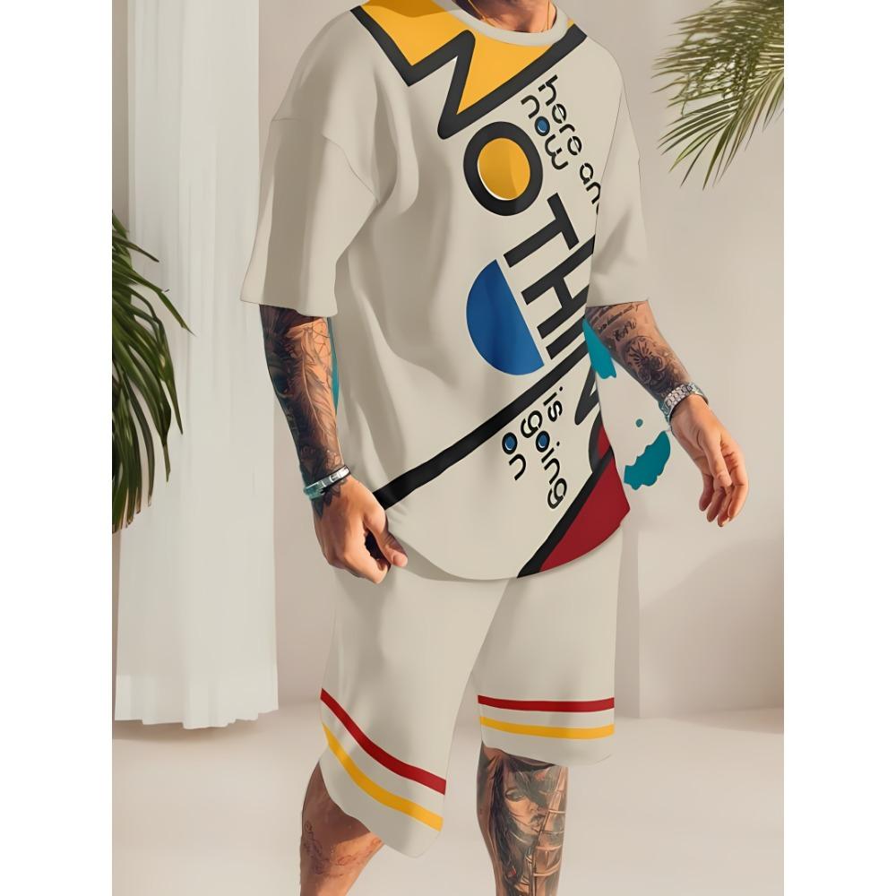 Men's Outdoor Leisure Sports 3D Printed Round Neck Short Sleeved T-shirt and Shorts Set Trendy and Fashionable Men's T-shirt