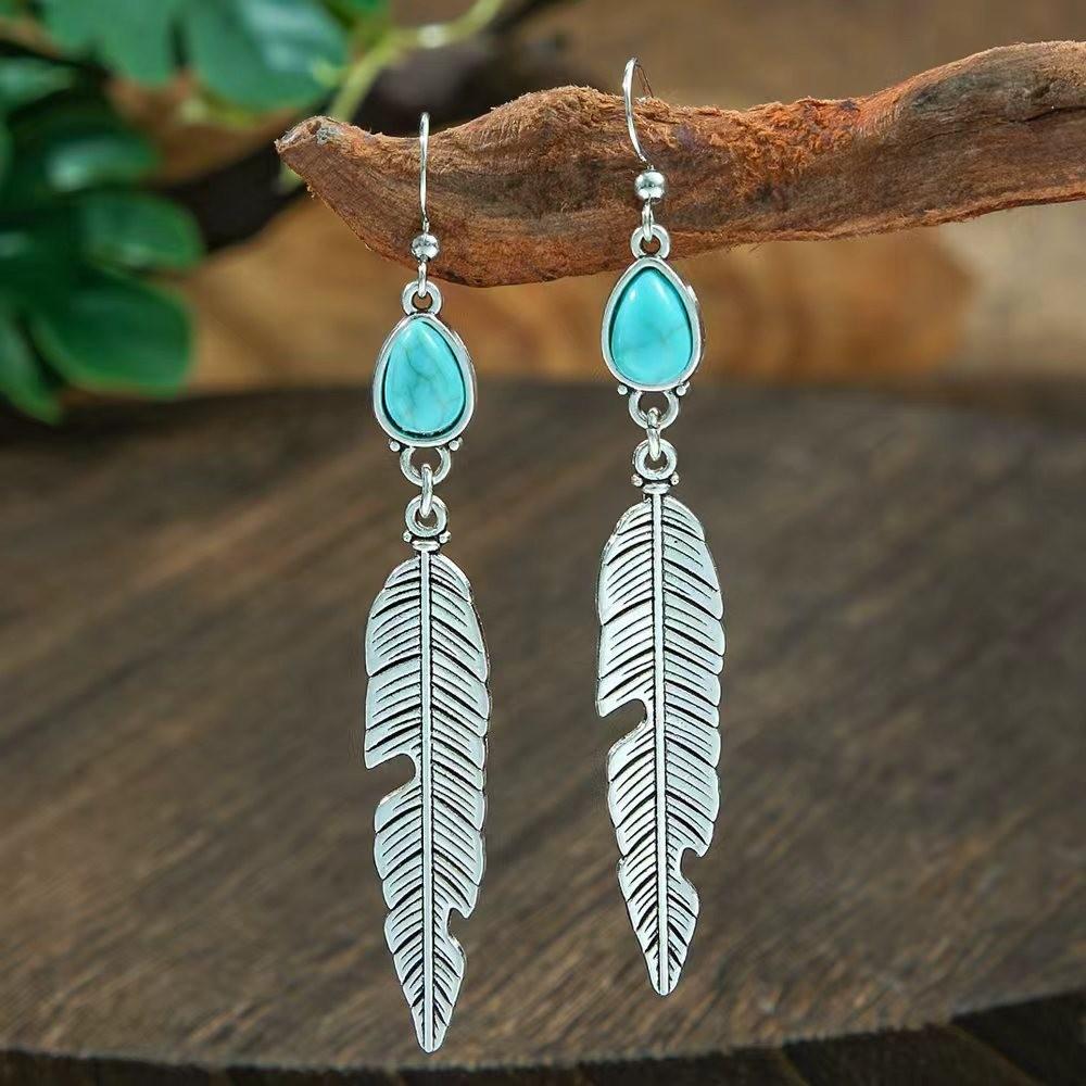 Vintage Earrings Silver Geometric Turquoise Drop Earrings Bohemian Dangle Jewelry for Women