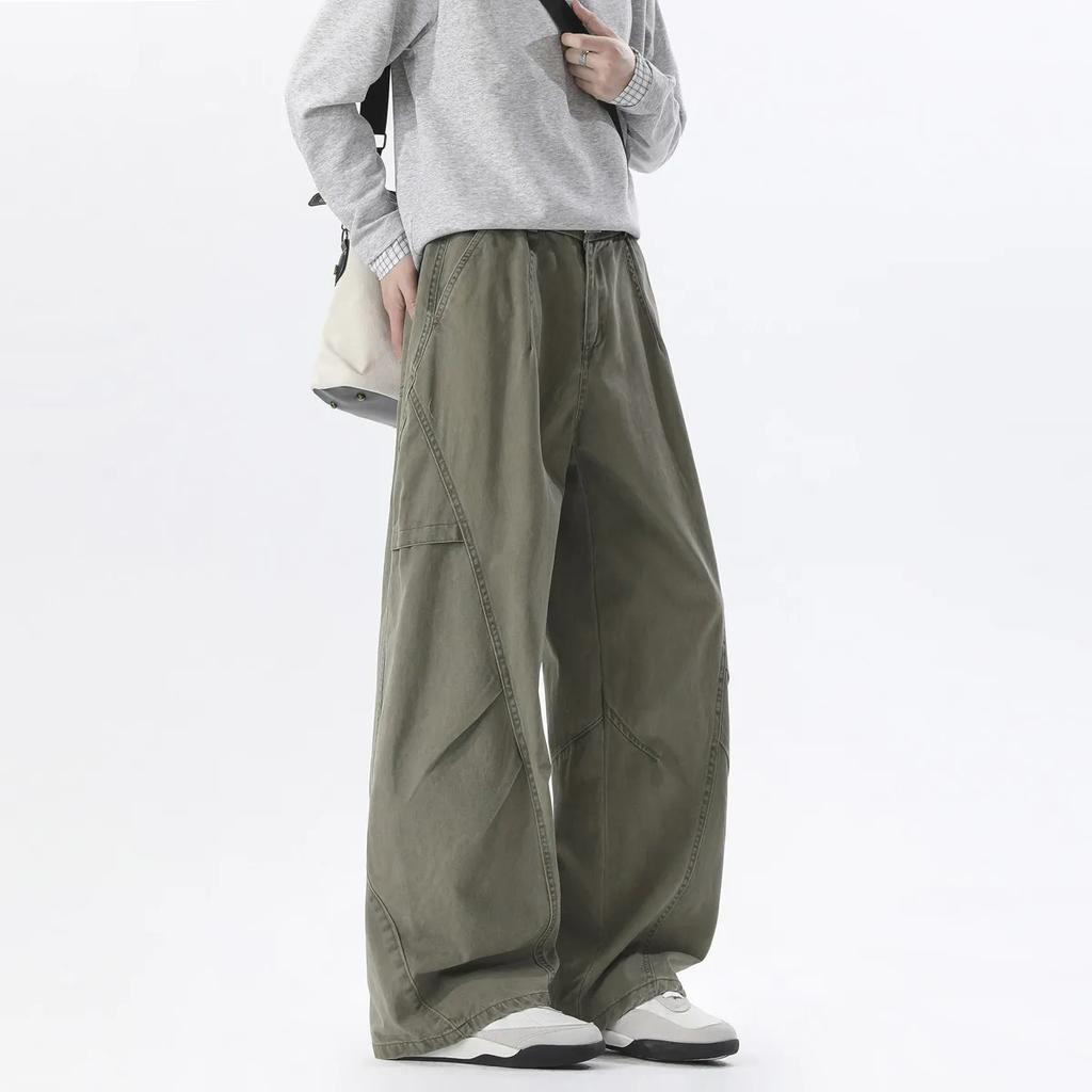 Men Vintage Brown Wide Leg Cargo Pants Men Casual Baggy Trousers Diagonal Stitching Streetwear Fashion Loose Straight Fit Pants