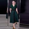French Spring/Summer 2026 Women's V-Neck Black Bow Tie Jacquard Dress with Waist-Cinching and Wide Hem.