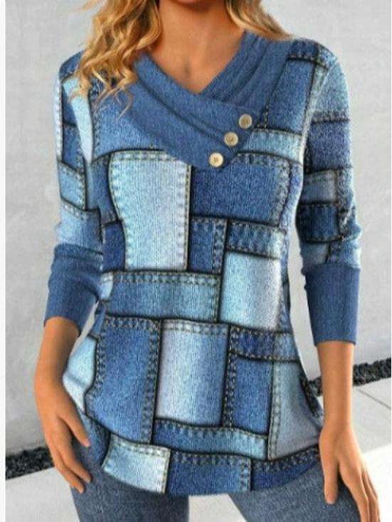 Autumn/Winter European & American V-neck Pullover Women's Long Sleeve Printed T-shirt