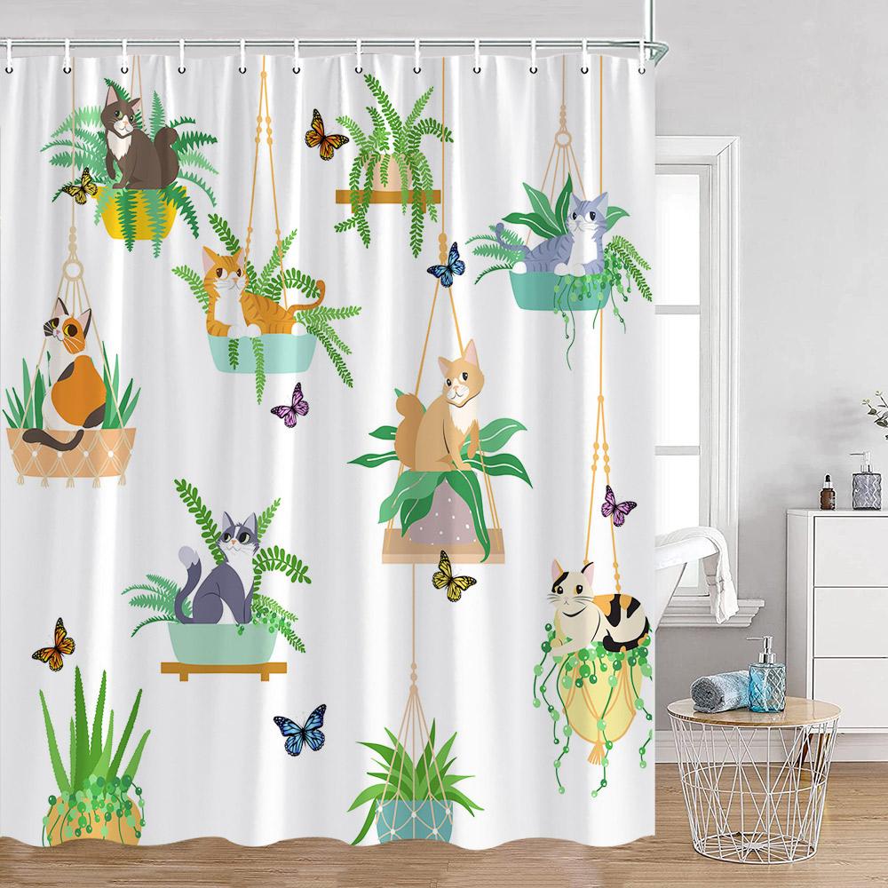 Grüne Topfpflanzen Duschvorhänge Cartoon Katzen Hängende Tropische Blätter Dekorationen Für Bad Polyestergewebe Badezimmervorhang