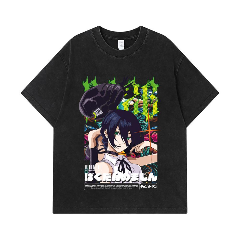 275 GSM Washed T-shirts 100% Cotton Chainsaw Man V54 Reze Print Unisex Heavy Cotton T Shirt