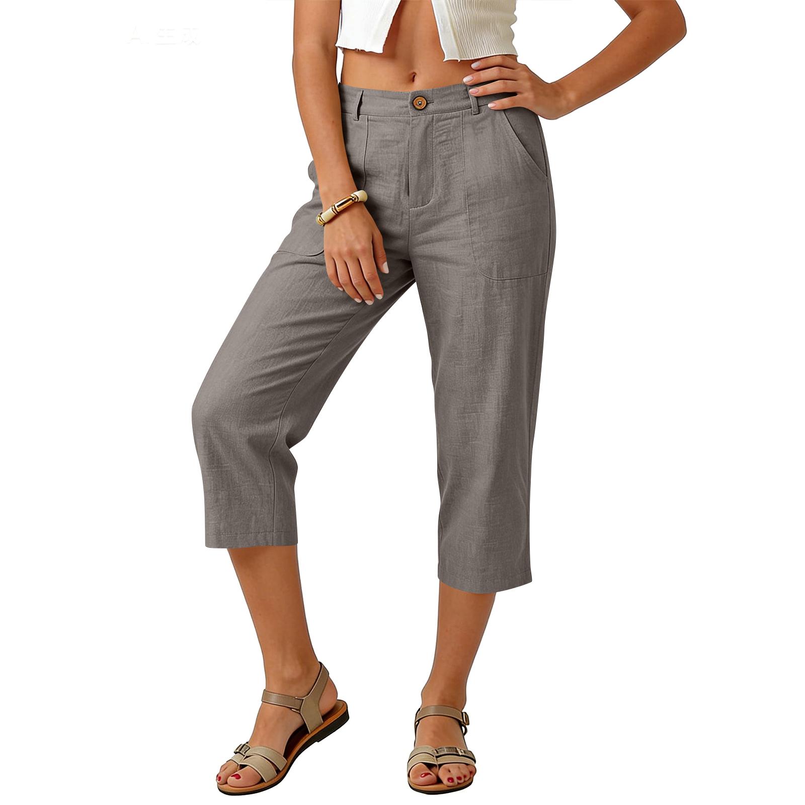 

Women Elastic High Waist 3/4 Pant Casual Fit Wide Capris Leg Pants Trousers With Pockets L