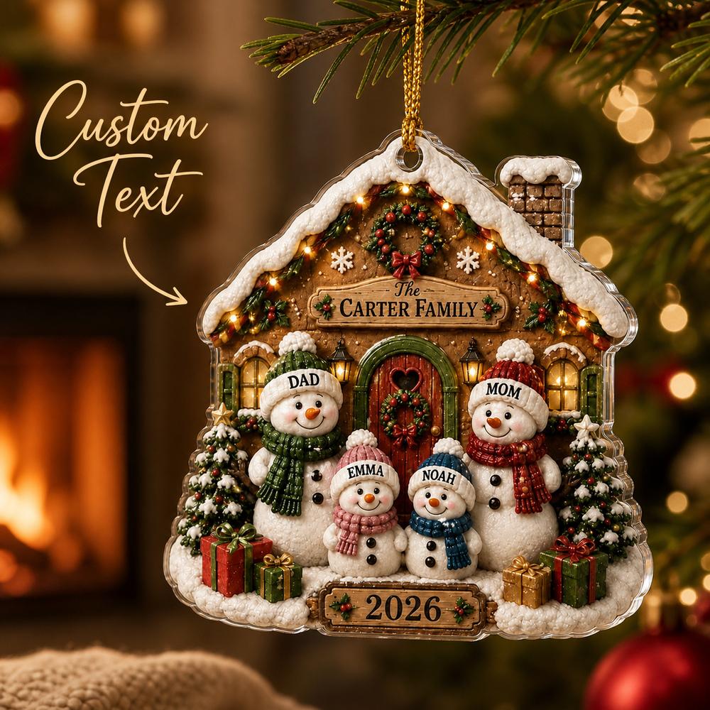 Individueller Schneemann-Weihnachts-Acryl-Anhänger mit Familiennamen, Lebkuchenhaus mit 4 Schneemännern, Personalisierte Weihnachtsbaum-Hänge-Dekoration
