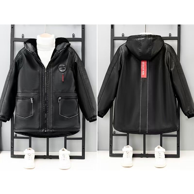 Lässige Jungen-Lederjacke mit Fleecefutter für Herbst/Winter – Mittellange, verdickte Kinderjacke