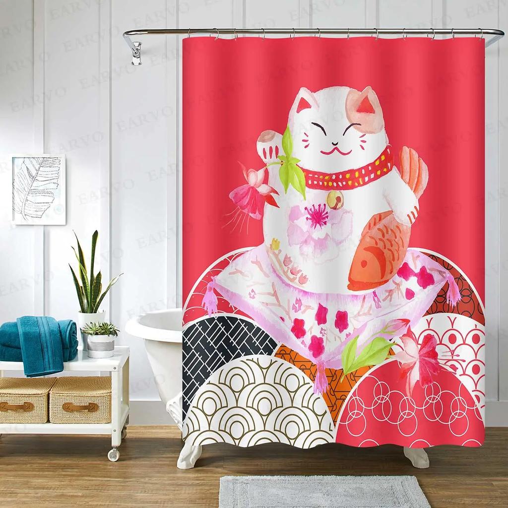Zen Cat and Dragonfly Bath Curtain - High-Quality Waterproof and Mildew-Proof Bathroom Decor for a Calm, Oriental-Inspired Home