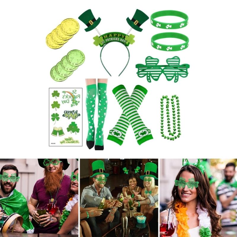 Green Costume Accessories for StPatrick Day Headband Necklace Wristband Irish National Day Celebration Festival Props