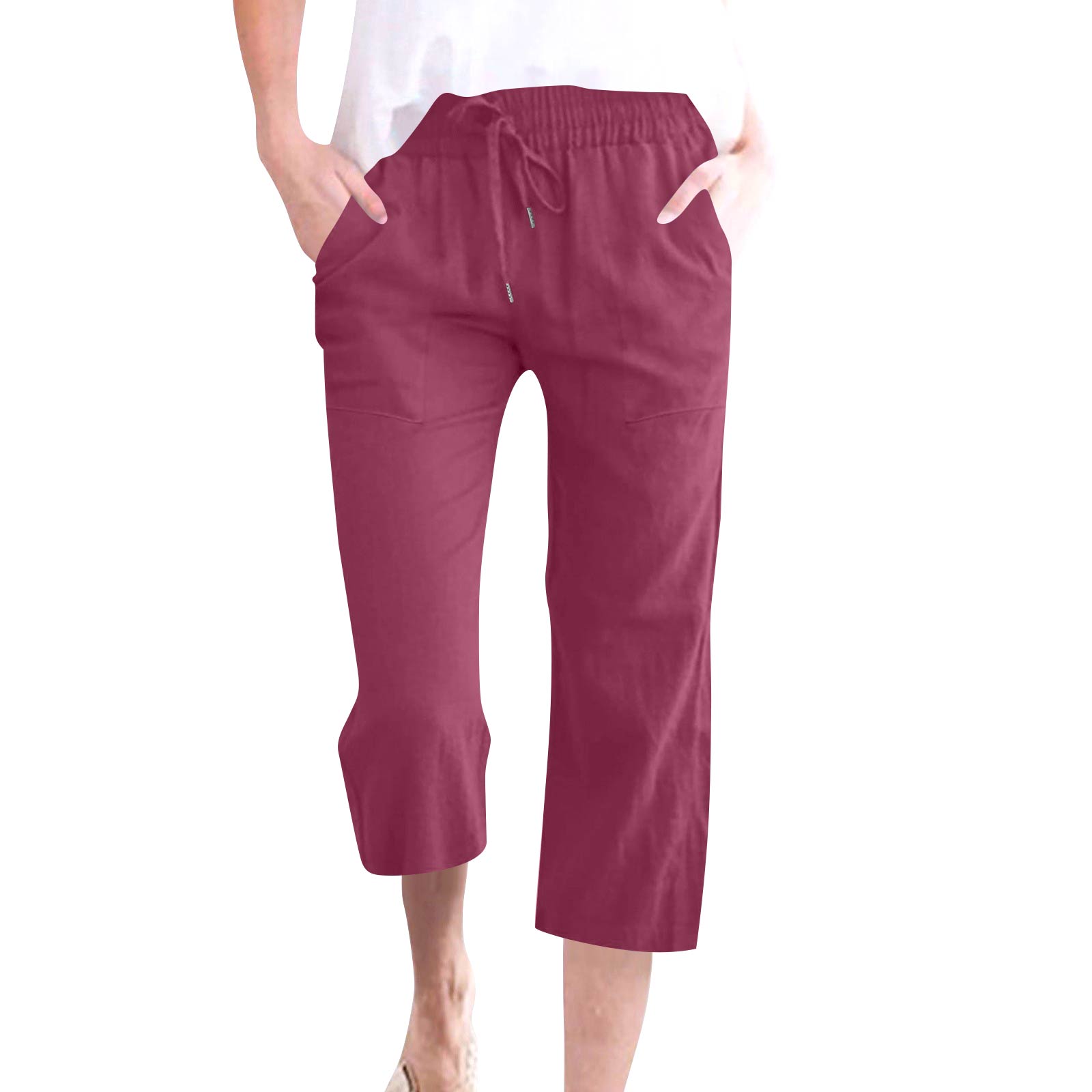 

Women’s Cropped Linen Pants with Elastic Waist Drawstring and Side Pockets Lightweight Loose Fit Trousers L