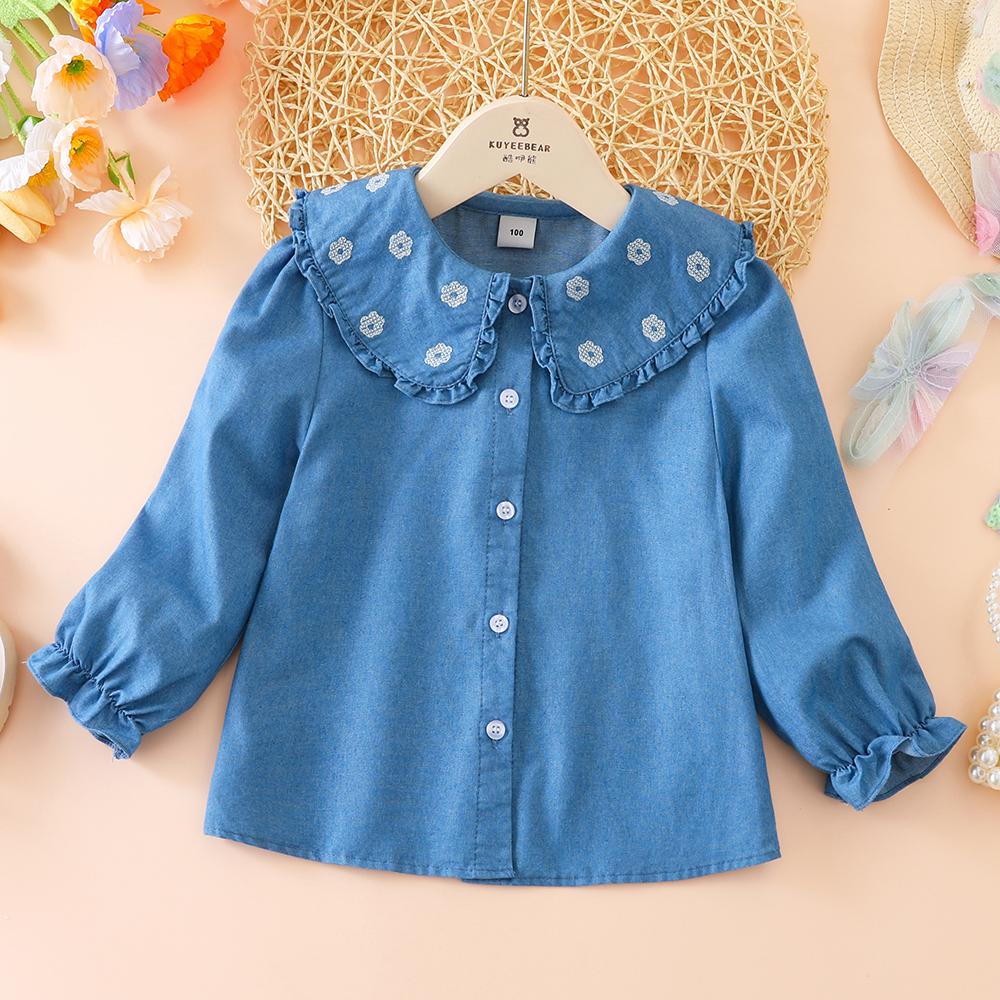 

Рубашка из денима с длинным рукавом для девочек ясельного возраста, с оборками на воротнике и вышивкой, милый топ, детская одежда 2-6Т 110