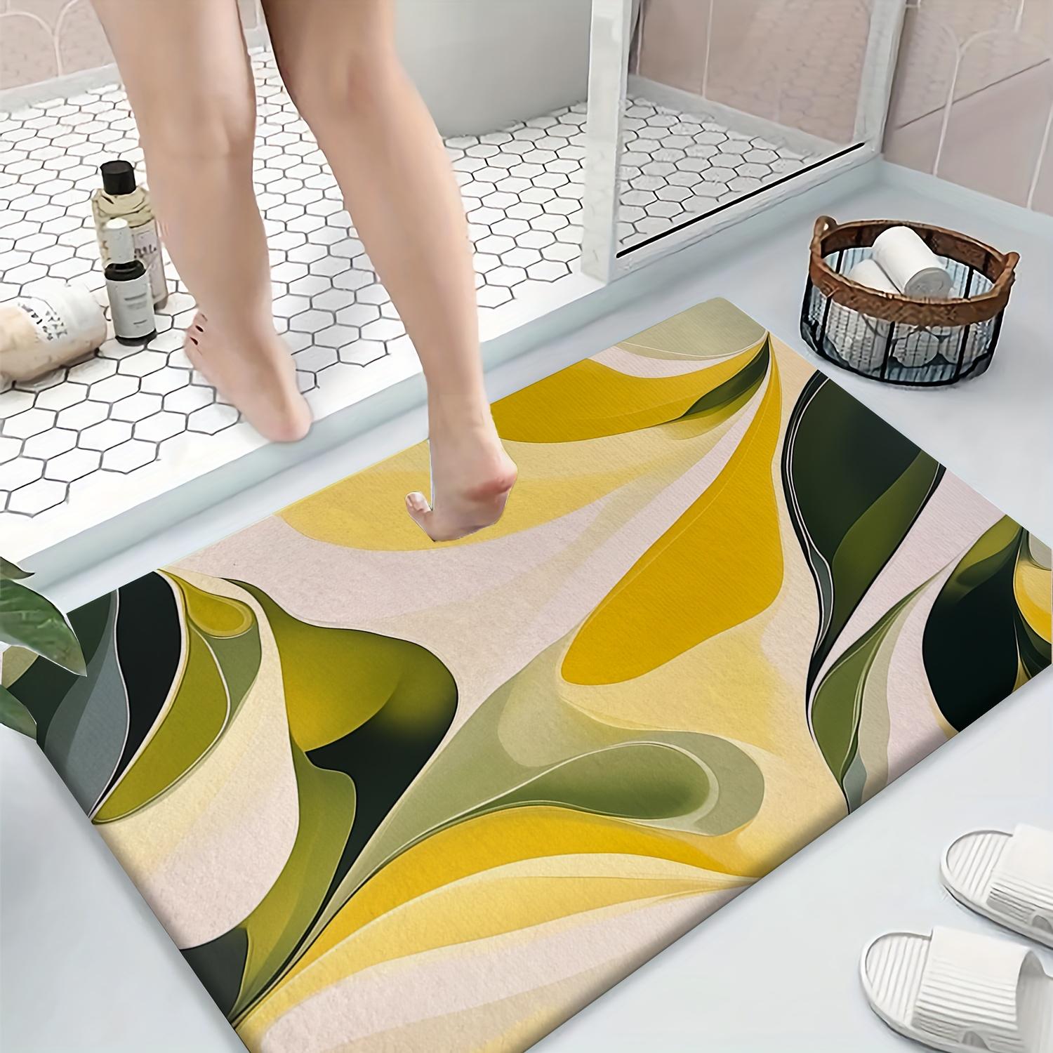

Abstract Artistic Wave Pattern Printed Flannel Bath Mat With Yellow Green And Beige Design Soft Non Slip Rug For Bathroom 40x60cm