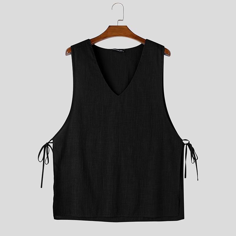 INCERUN Men V Neck Sleeveless Side Lace-up Thin Casual Loose Long Tank Tops