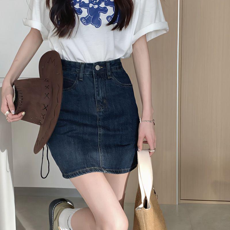 Korean Retro High-Waist Dark Blue Denim A-Line Skirt
