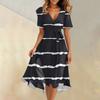 Women's Summer Fashion V-Neck Flared Dress Short Sleeve Striped Geometric Dresses